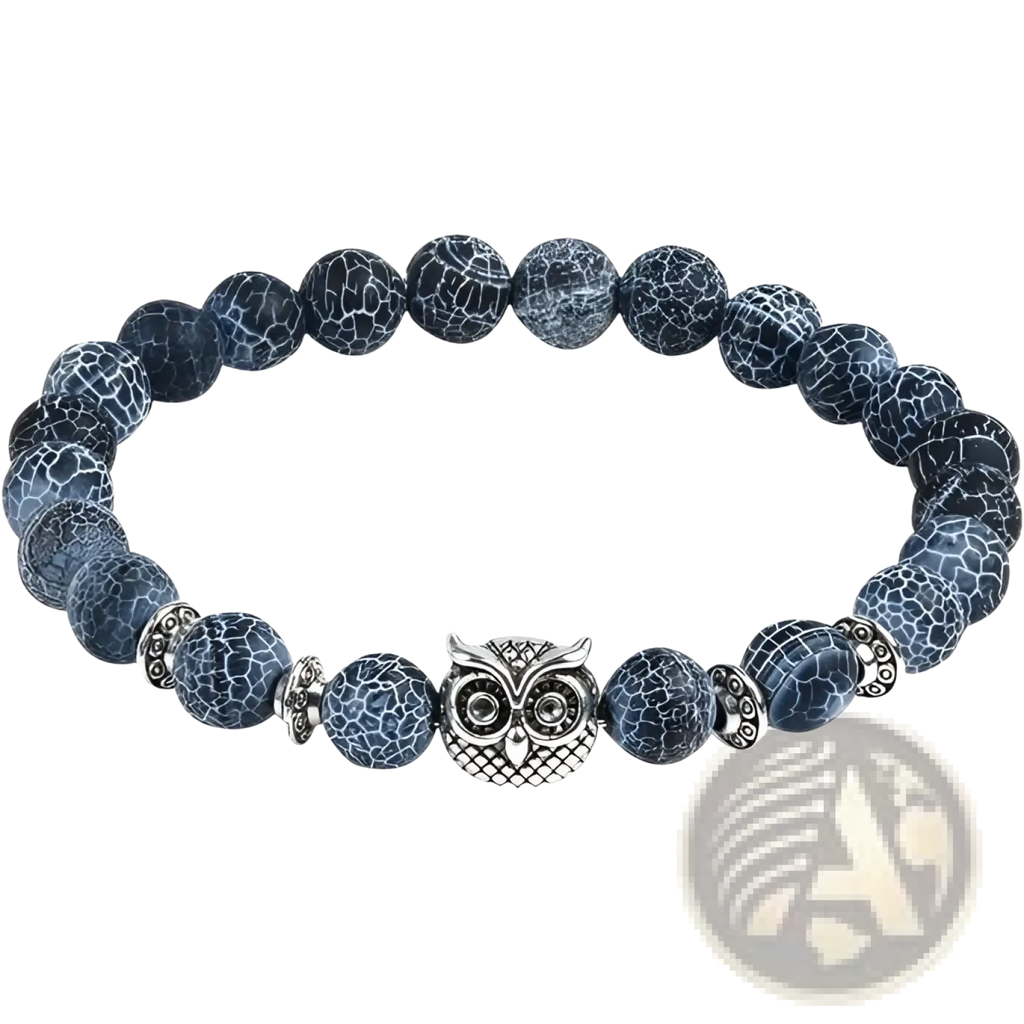 Natural lapis lazuli and lava stone bracelet with blue crackled beads and a silver owl charm with metal spacers