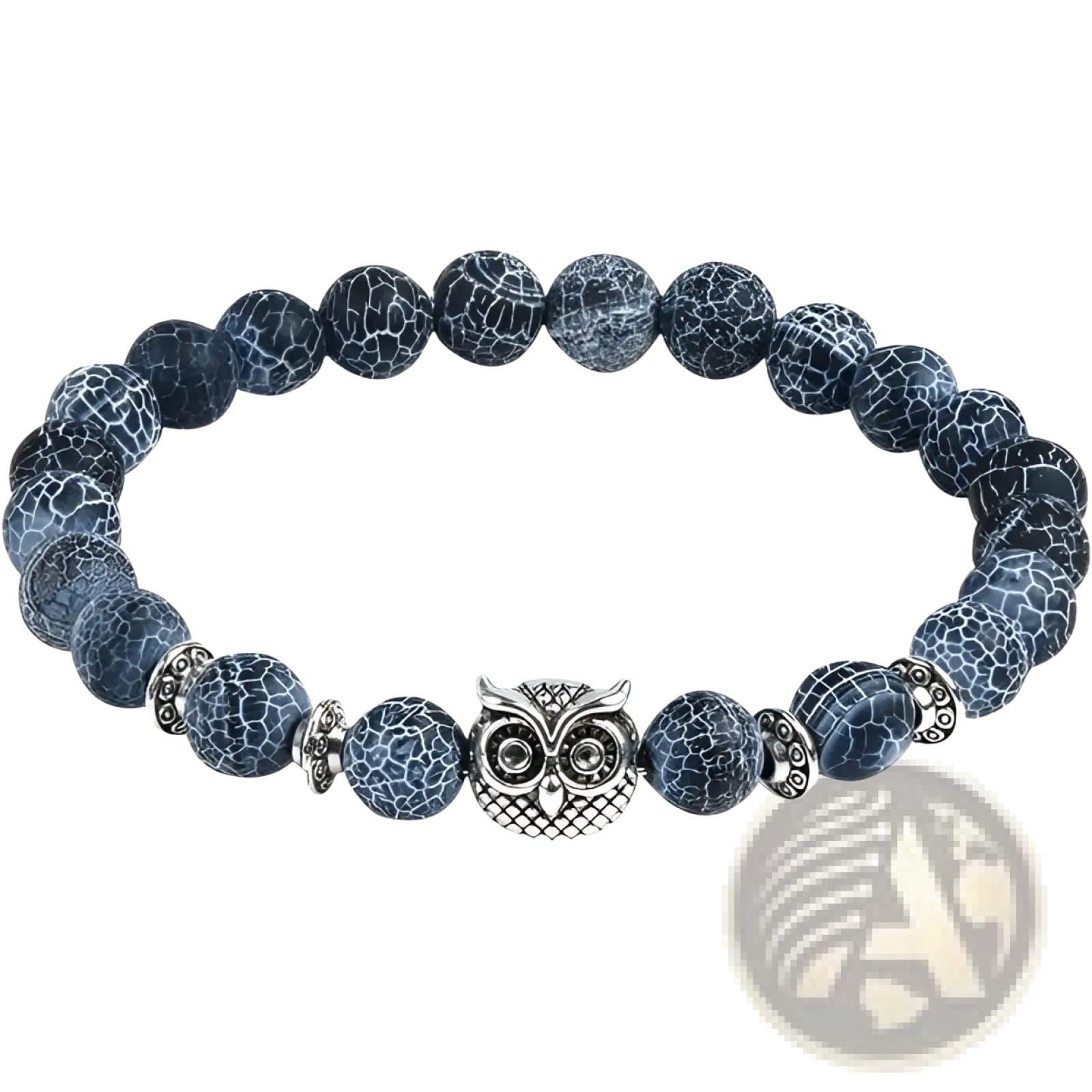 Natural lapis lazuli and lava stone bracelet with blue crackled beads and a silver owl charm with metal spacers