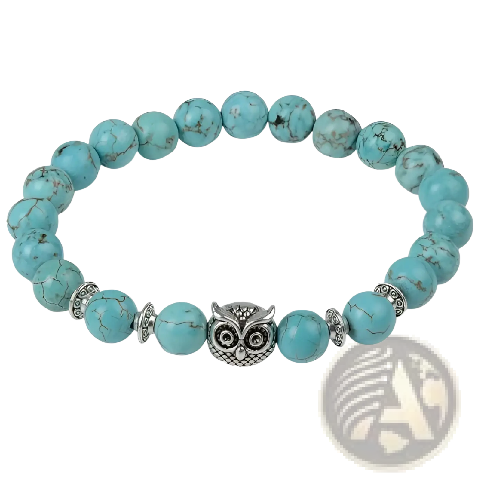 Turquoise beaded bracelet with natural lapis lazuli and lava stone featuring a central silver owl charm and metallic spacers
