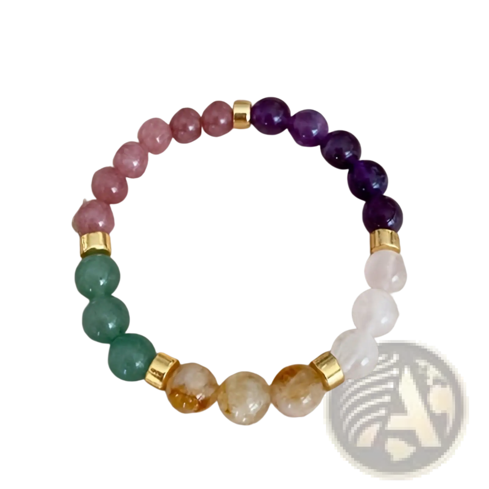 Natural multi-gemstone beaded bracelet with smooth round pink purple green and translucent white beads with gold spacers
