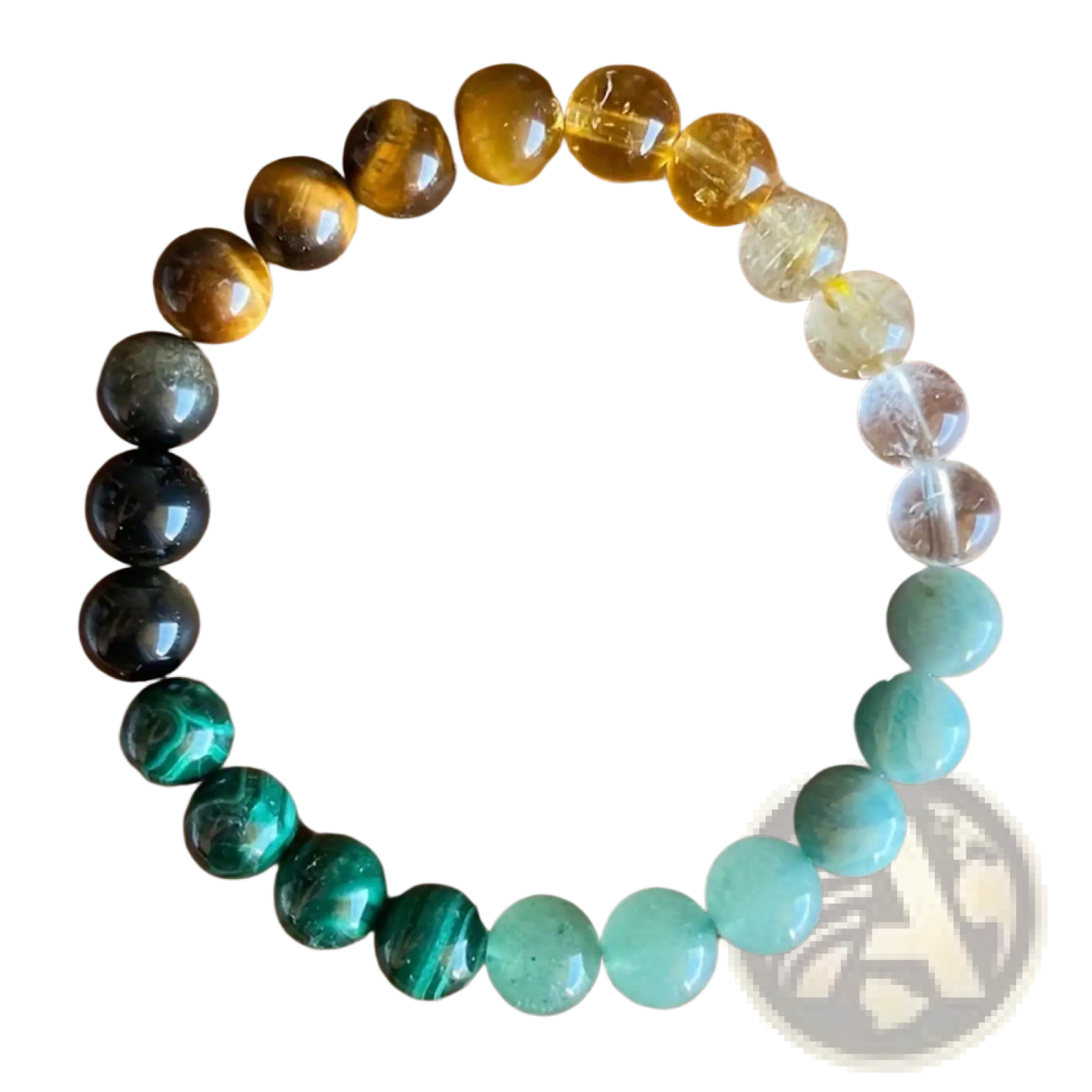 Natural multi-gemstone beaded bracelet with colorful tiger eye clear quartz and malachite stones in a circular pattern