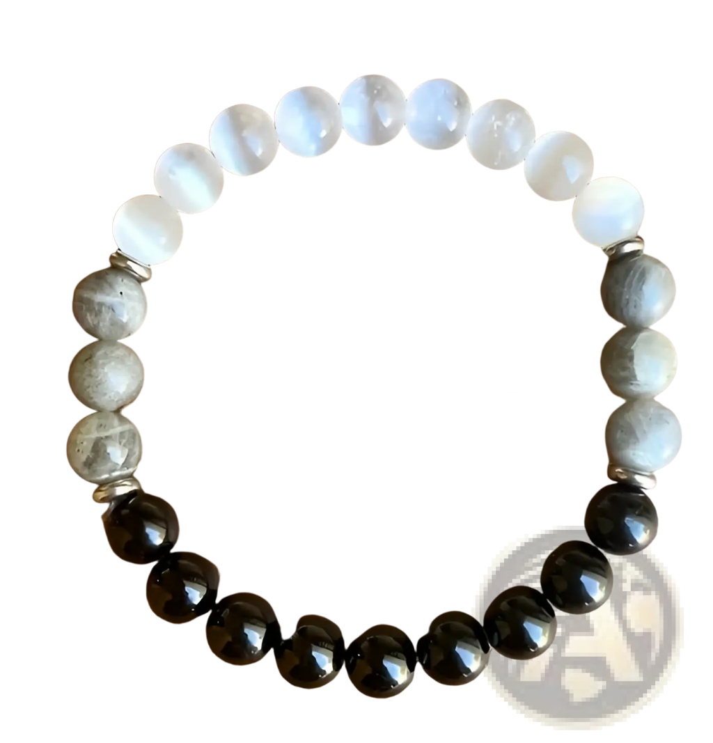 Natural multi-gemstone beaded bracelet with healing crystals featuring white moonstone, gray labradorite, and black onyx beads