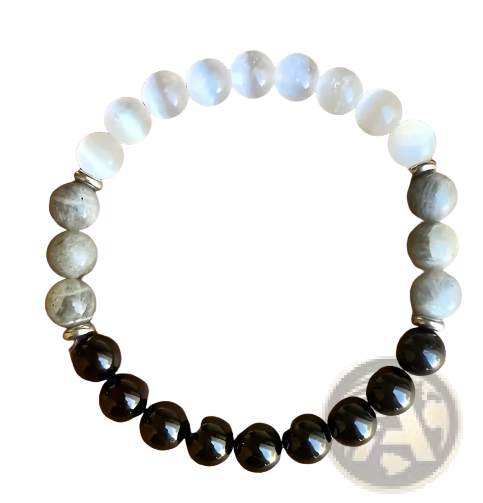 Natural multi-gemstone beaded bracelet with healing crystals featuring white moonstone, gray labradorite, and black onyx beads