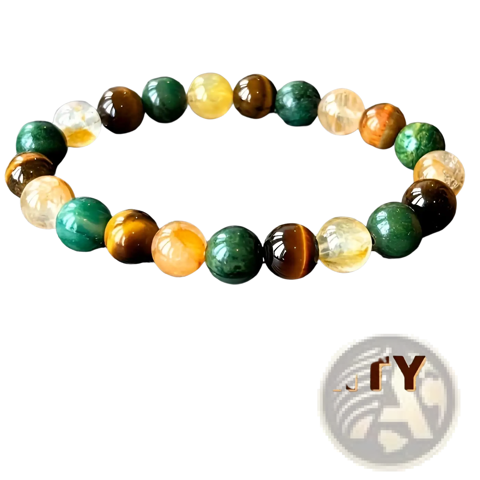 Natural multi-gemstone beaded bracelet with polished green amber and brown stones arranged in a circular pattern