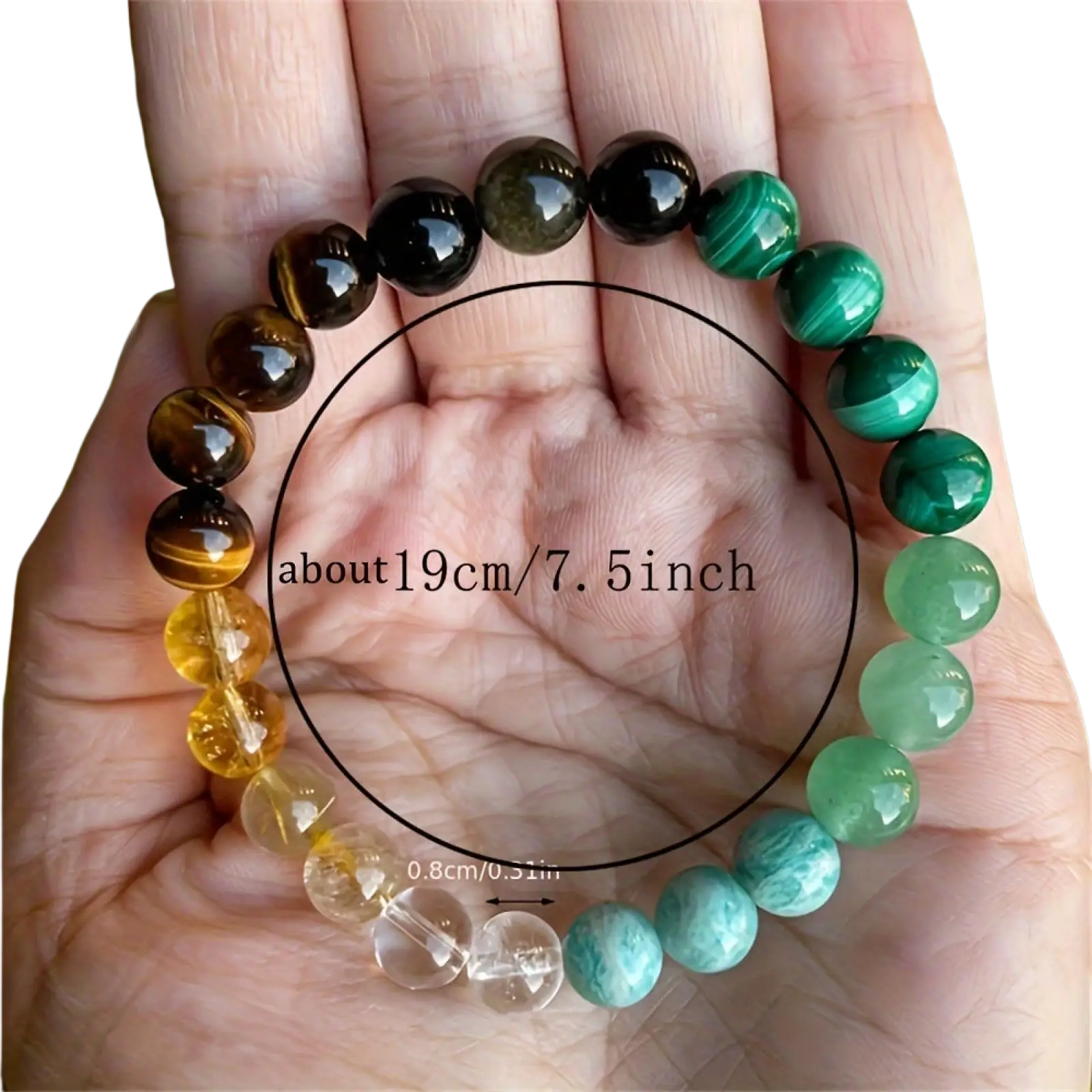 A hand holds a 19cm natural multi-gemstone beaded bracelet with polished malachite, citrine, quartz, and tiger eye beads