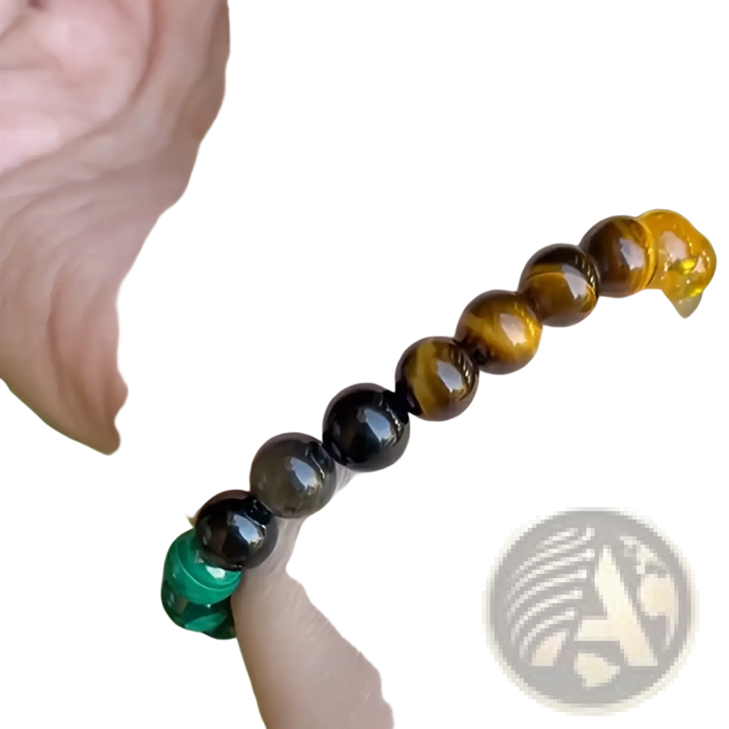 Natural multi-gemstone beaded bracelet with healing crystals featuring tiger eye, black onyx, and green malachite beads