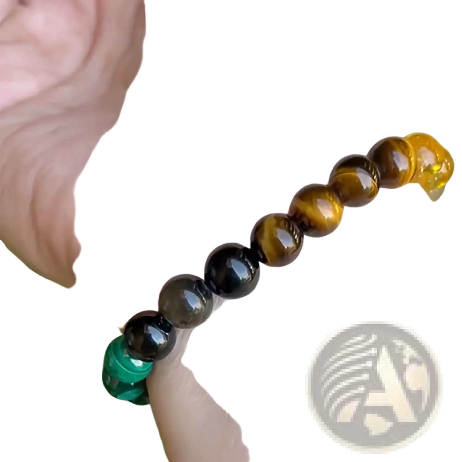 Natural multi-gemstone beaded bracelet with healing crystals featuring tiger eye, black onyx, and green malachite beads