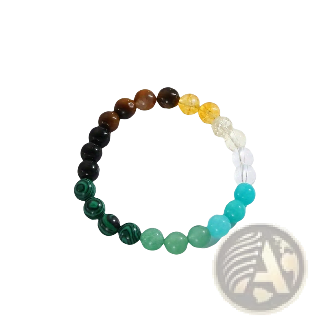 Natural multi-gemstone beaded bracelet with healing crystals in a colorful gradient of polished quartz and gemstones