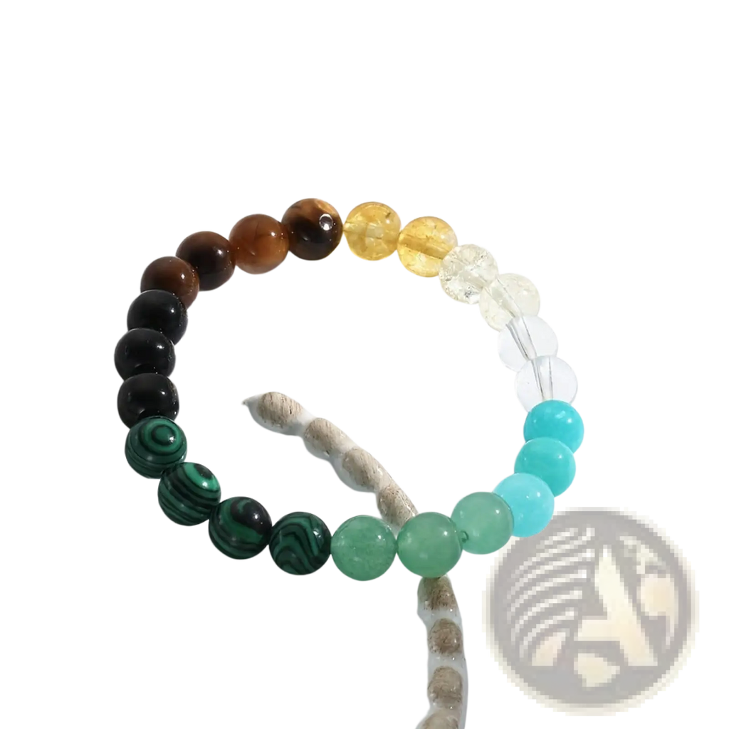 Natural multi-gemstone beaded bracelet featuring a colorful gradient of tiger eye citrine quartz malachite and turquoise stones