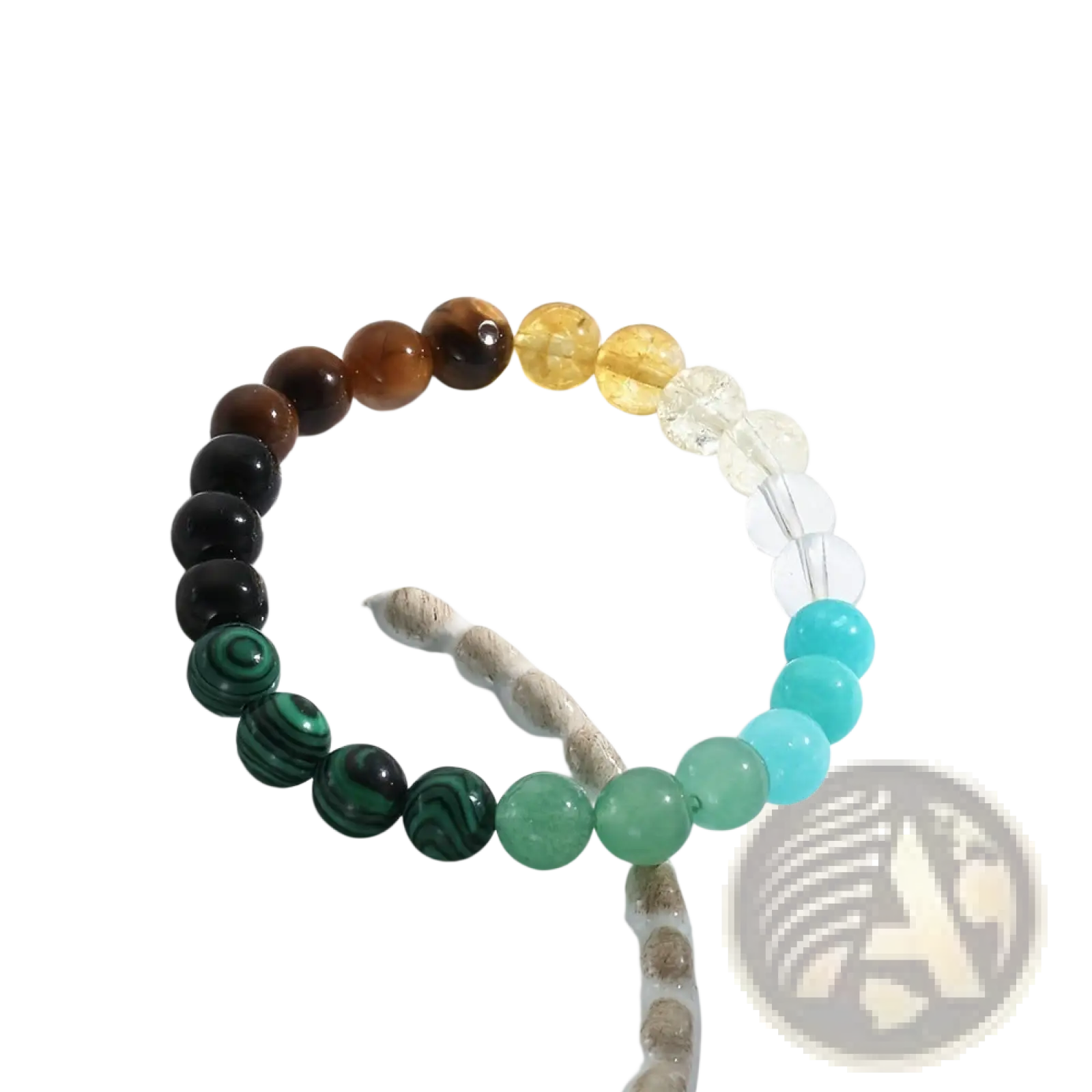 Natural multi-gemstone beaded bracelet featuring a colorful gradient of tiger eye citrine quartz malachite and turquoise stones