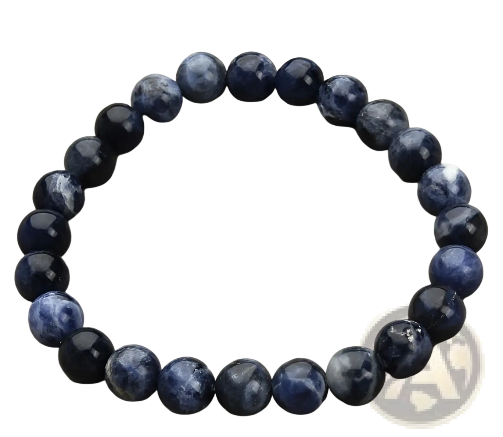 Natural polished gemstone and agate beaded bracelet with circular deep blue sodalite beads and white gray veining
