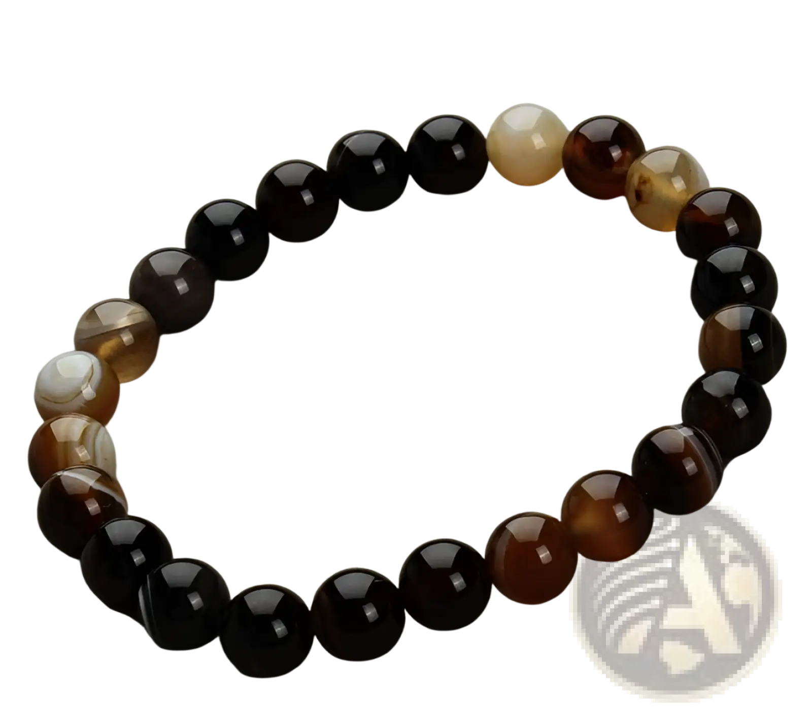 Natural polished gemstone and agate beaded bracelet with smooth round stones in deep brown and translucent amber tones