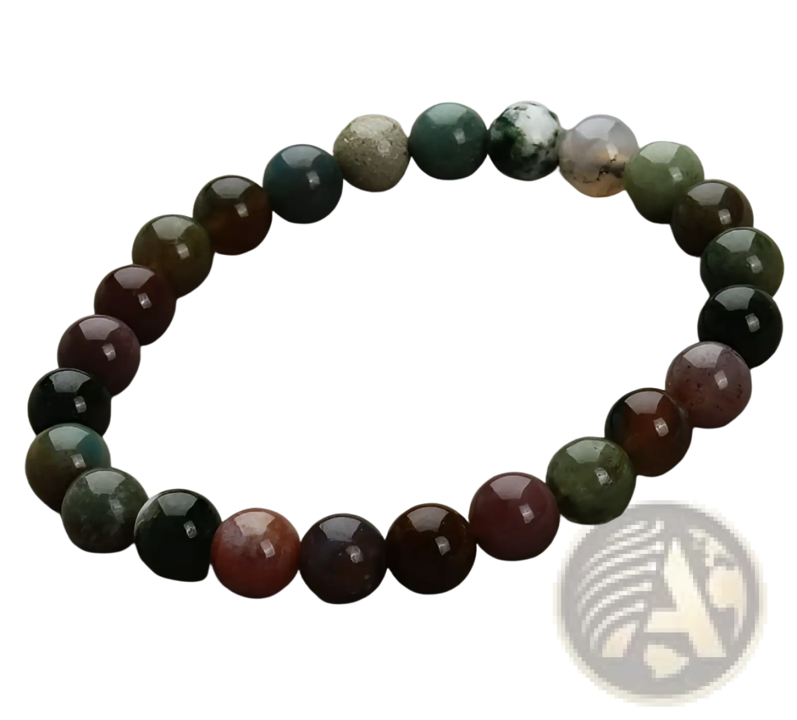 Natural polished gemstone and agate beaded bracelet with round beads in green red brown and black marbled patterns