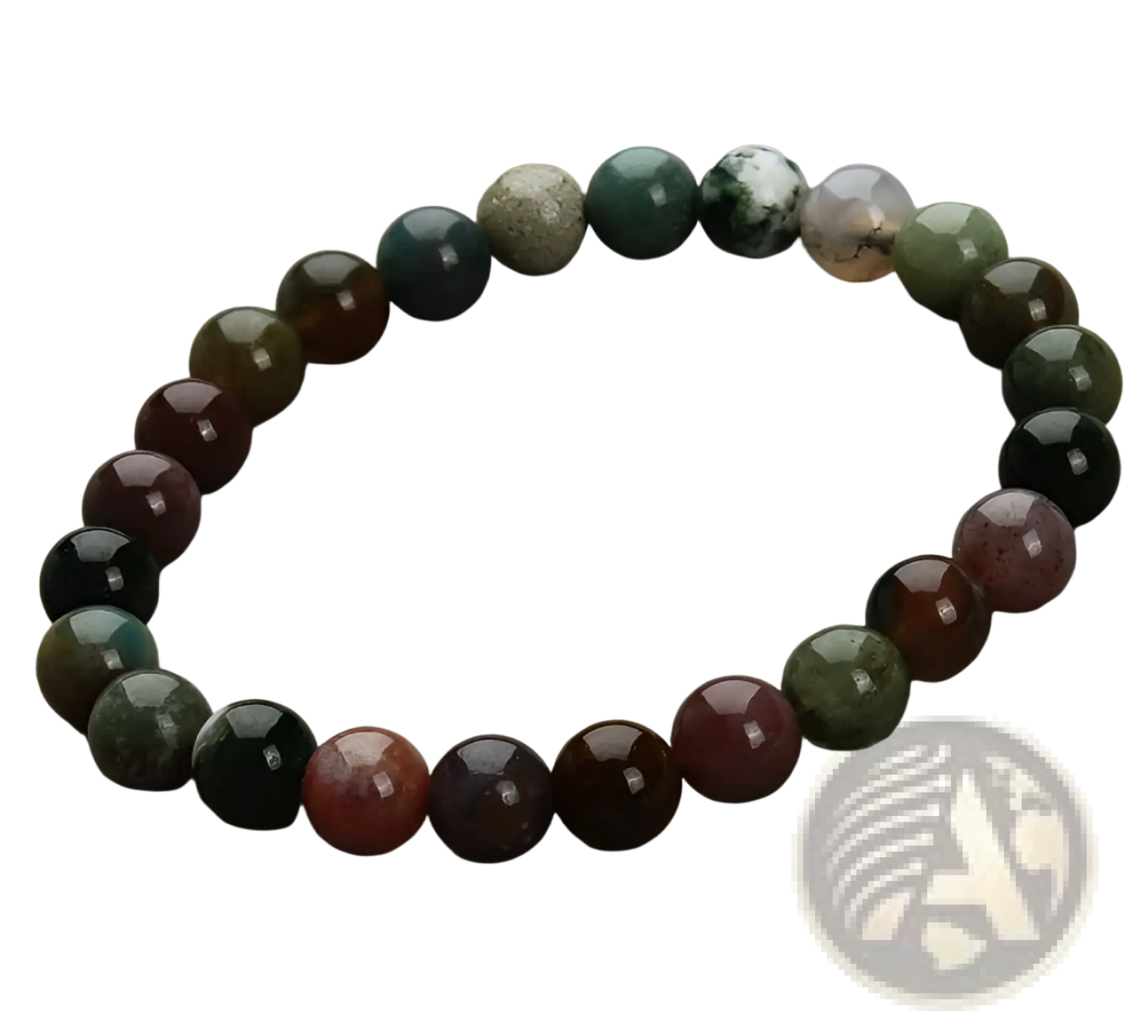 Natural polished gemstone and agate beaded bracelet with colorful round stones in green red brown and black marbled patterns