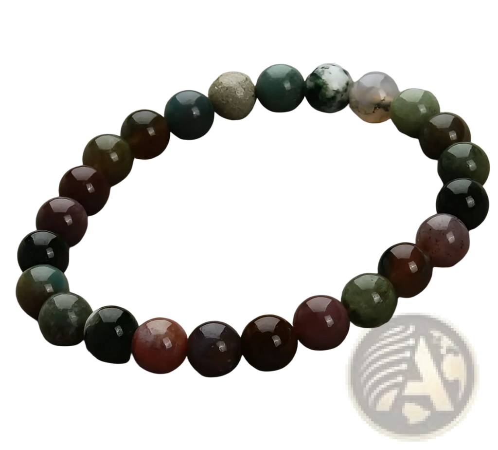Natural polished gemstone and agate beaded bracelet with colorful green red brown and black marbled beads