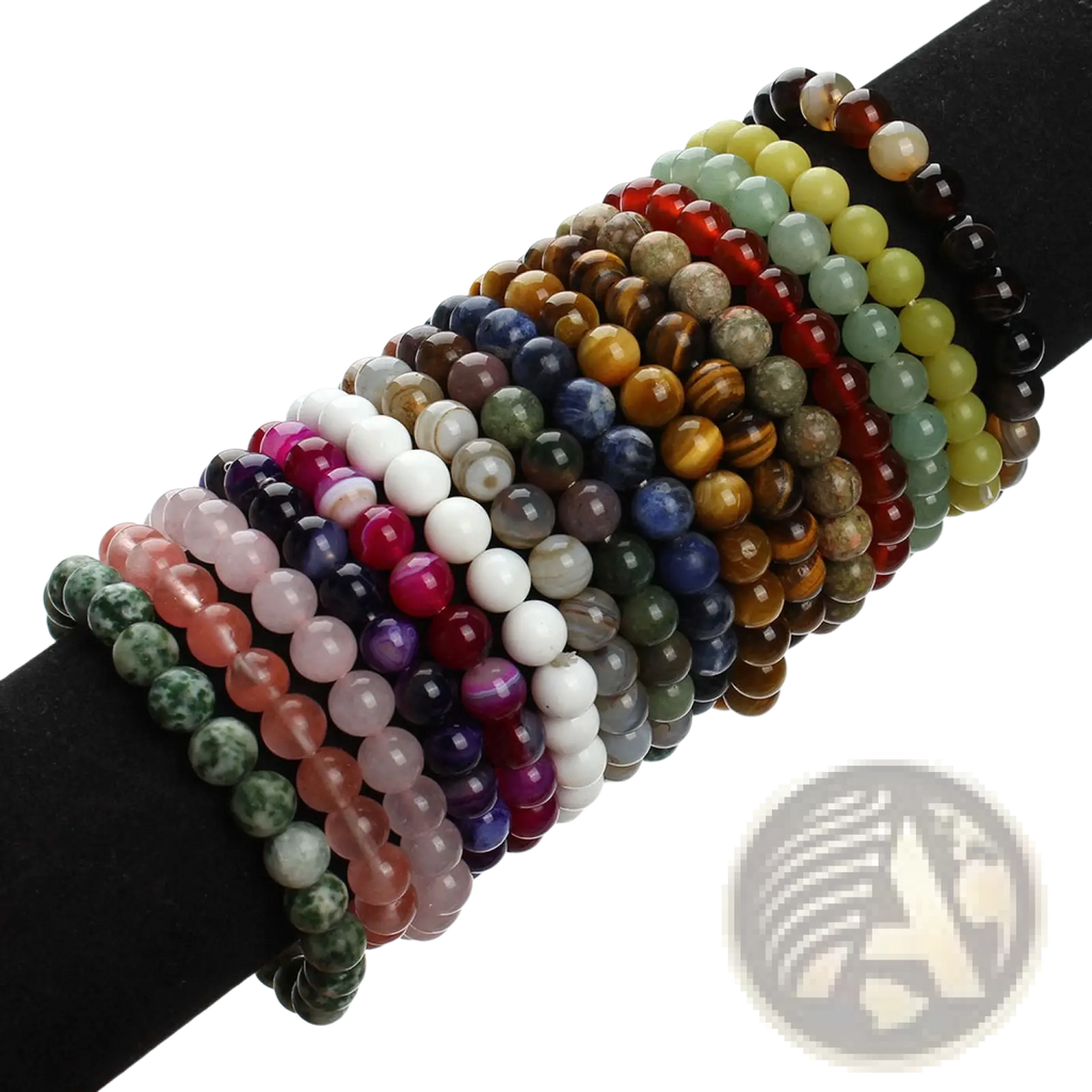 Natural polished gemstone and agate beaded bracelets in colorful round shapes with various natural hues and patterns