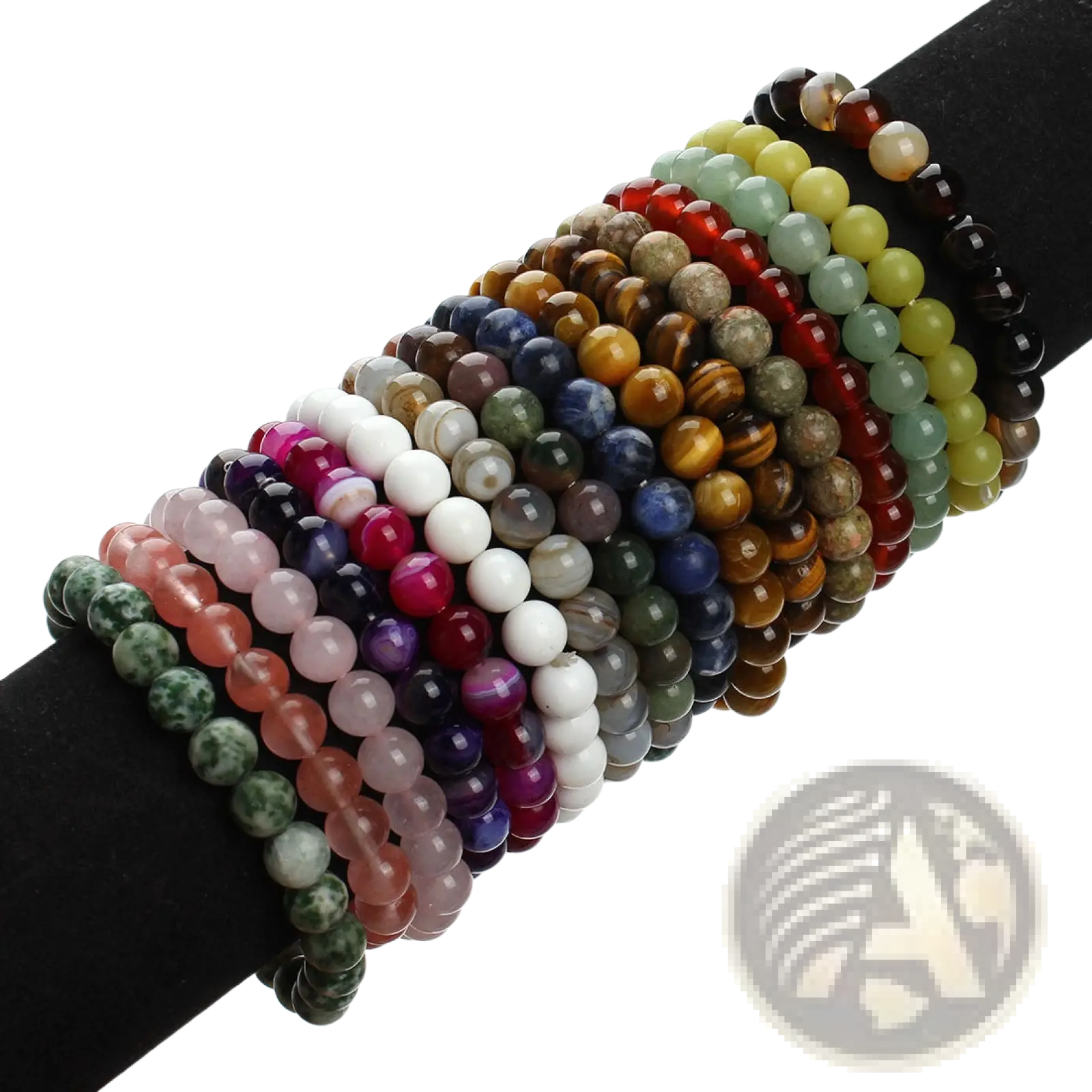 Natural polished gemstone and agate beaded bracelets in colorful round shapes with various natural hues and patterns