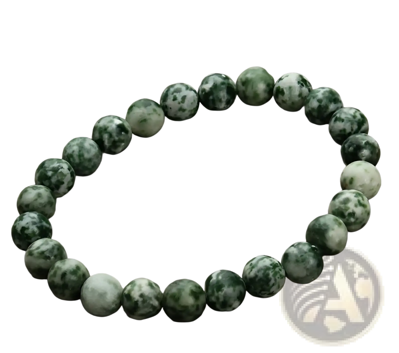 Natural polished gemstone and agate beaded bracelet with smooth round beads in green and white marbled pattern