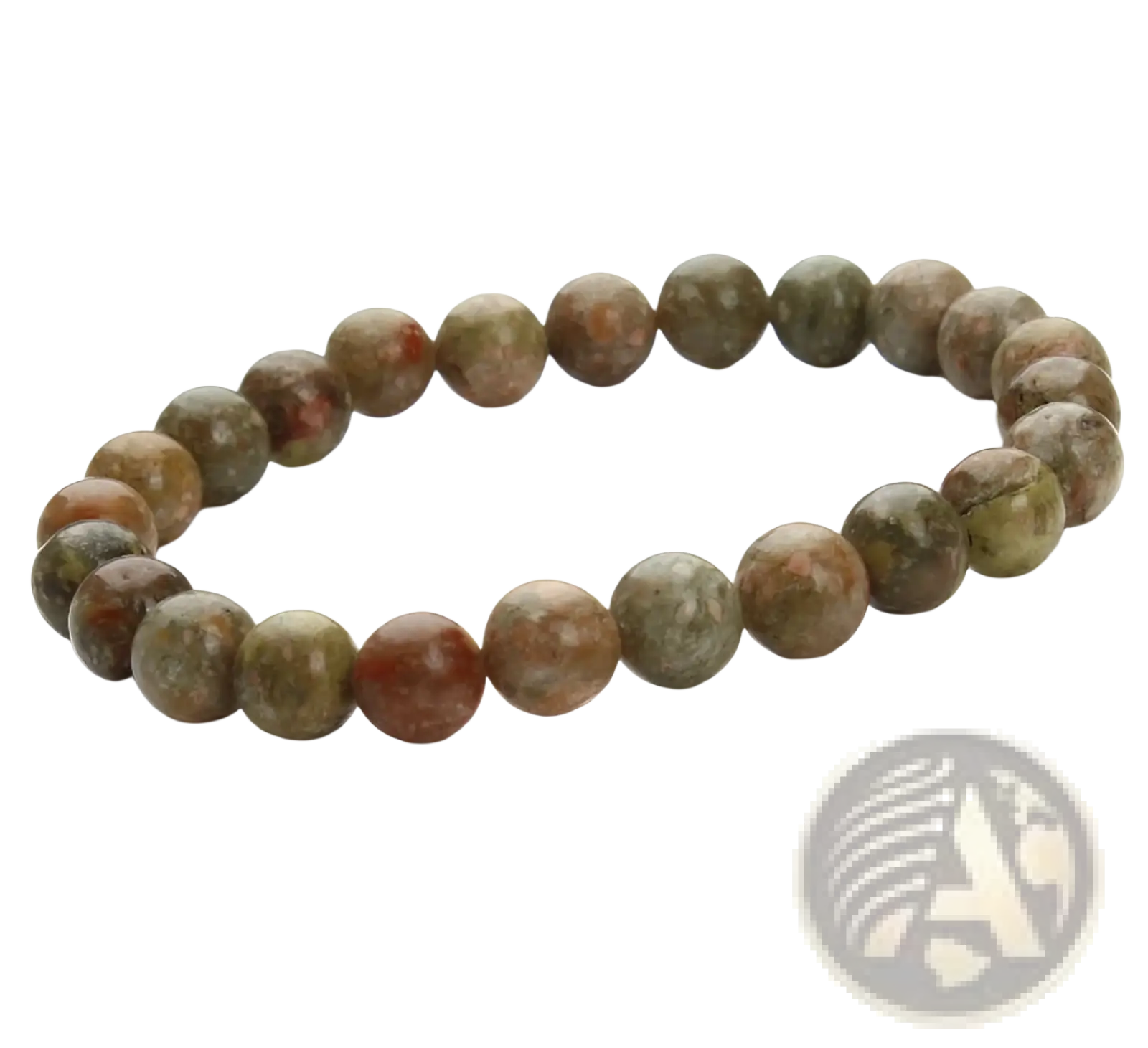 Natural polished gemstone and agate beaded bracelet with smooth round stones in earthy green brown tones and red veining