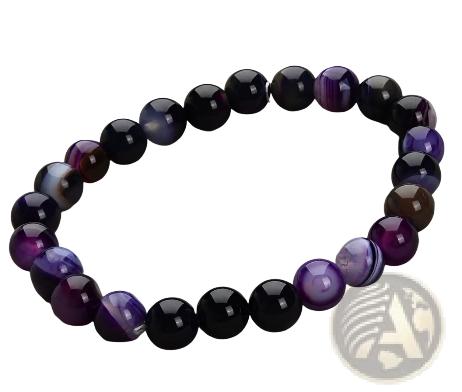 Natural polished gemstone and agate beaded bracelet with smooth round stones in deep purple and black shades
