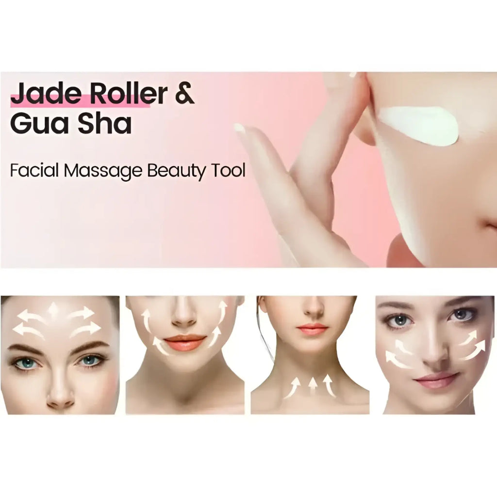 Natural resin jade roller and gua sha facial massage set with smooth polished jade surface for targeted skincare application