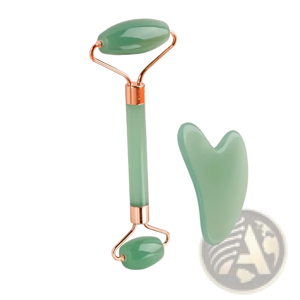 Natural resin jade roller and gua sha facial massage set in jade green with rose gold accents for skincare