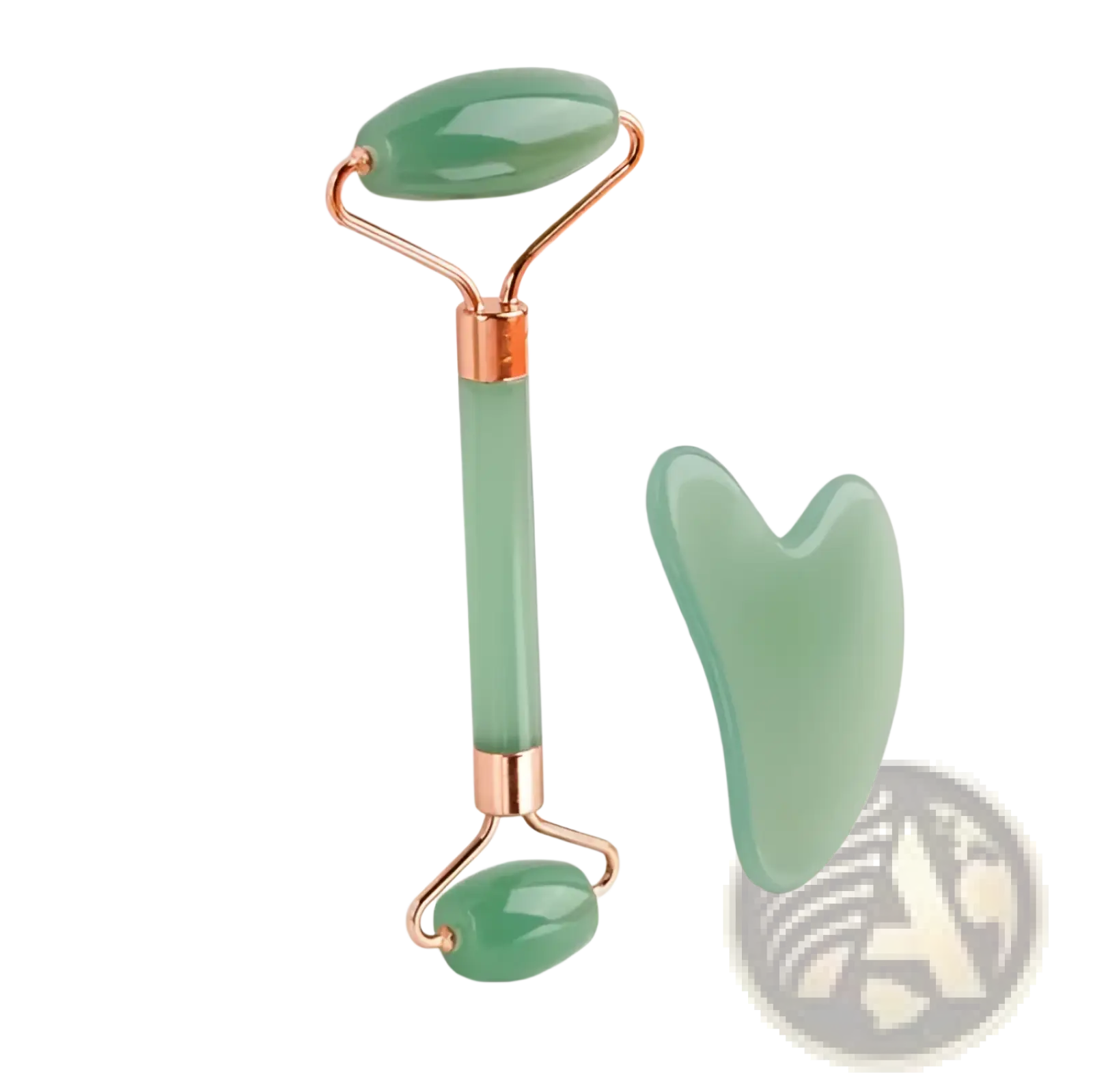 Natural resin jade roller and gua sha facial massage set in jade green with rose gold accents for skincare
