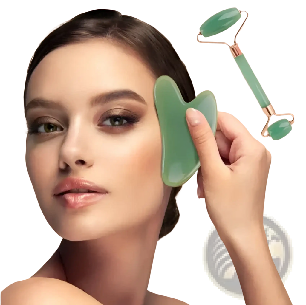Natural resin green jade roller facial massage tool with smooth polished surface and ergonomic handle design