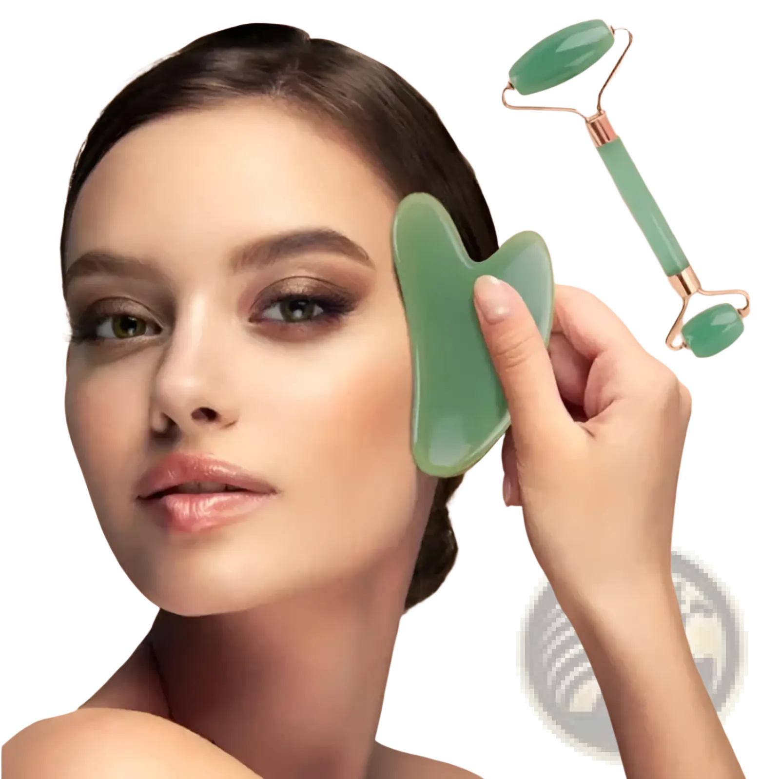 Natural resin green jade roller facial massage tool with smooth polished surface and ergonomic handle design