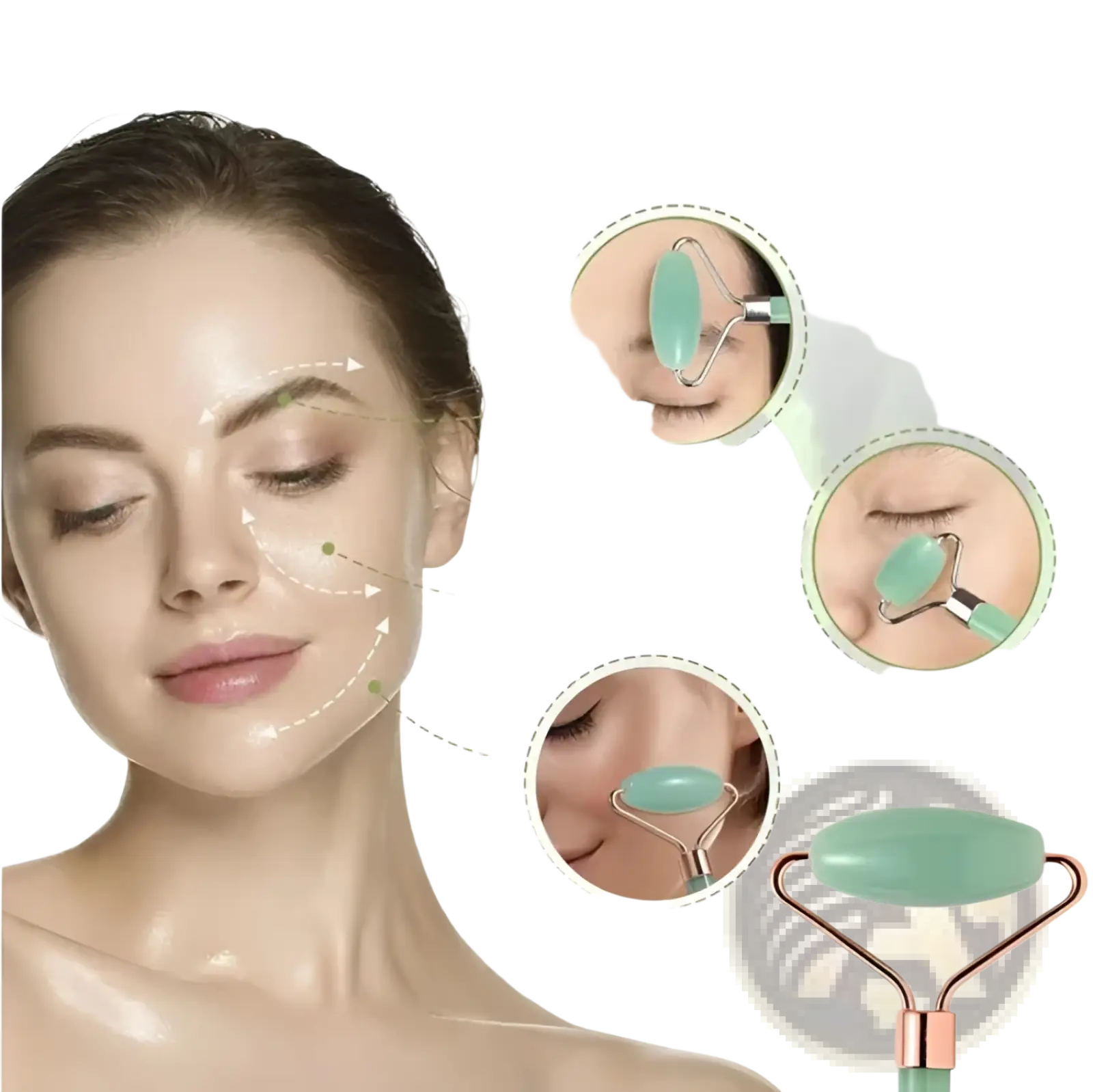 Natural resin jade roller with smooth light green stone head and rose gold metal handle for facial massage