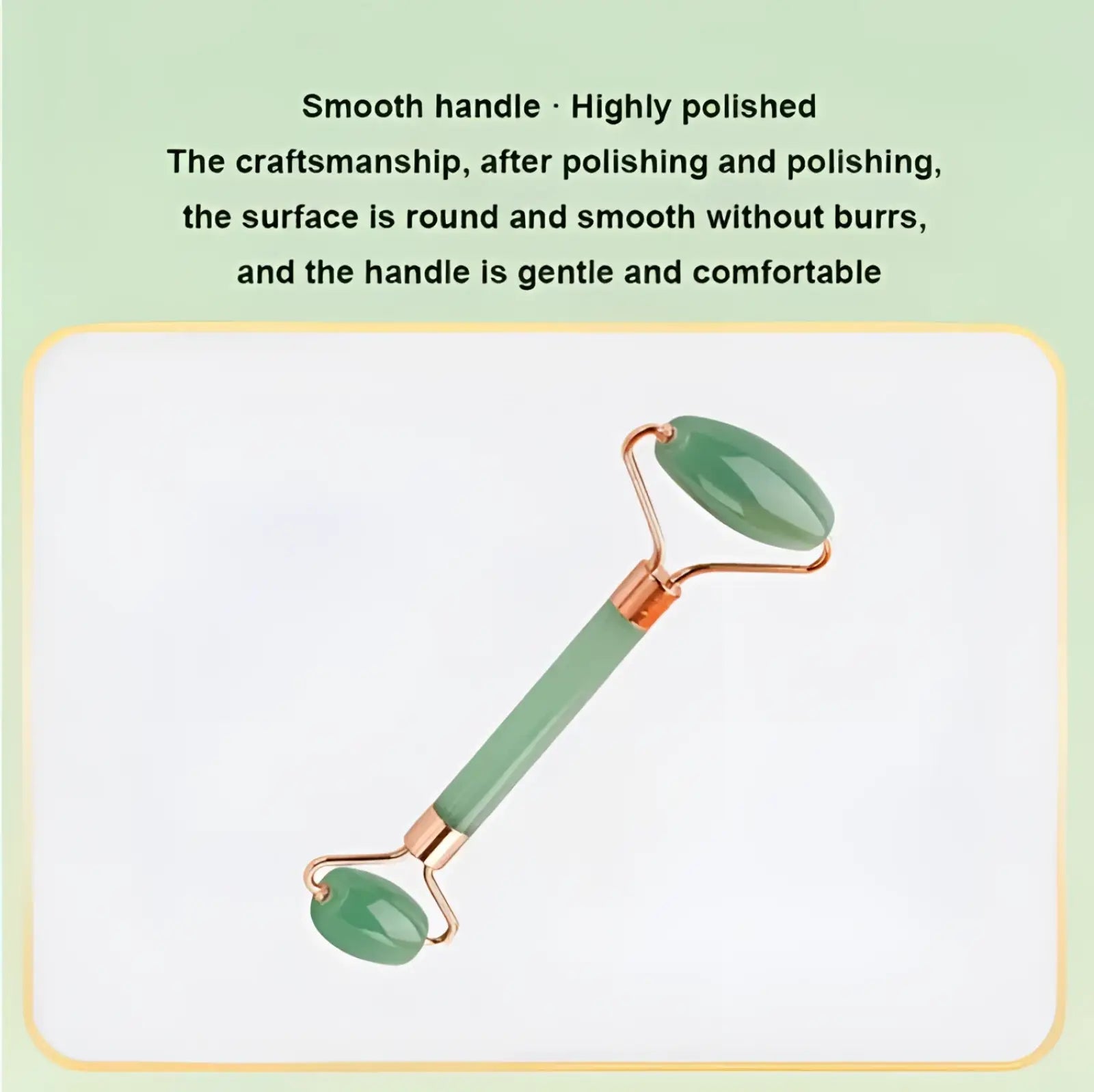 Natural resin jade roller featuring a double-ended jade green design with rose gold metal accents for facial massage