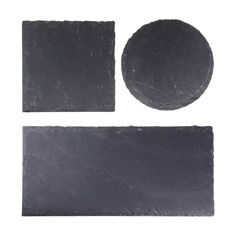 Set of three dark gray natural slate reptile feeder trays in square round and rectangular shapes for aquarium use