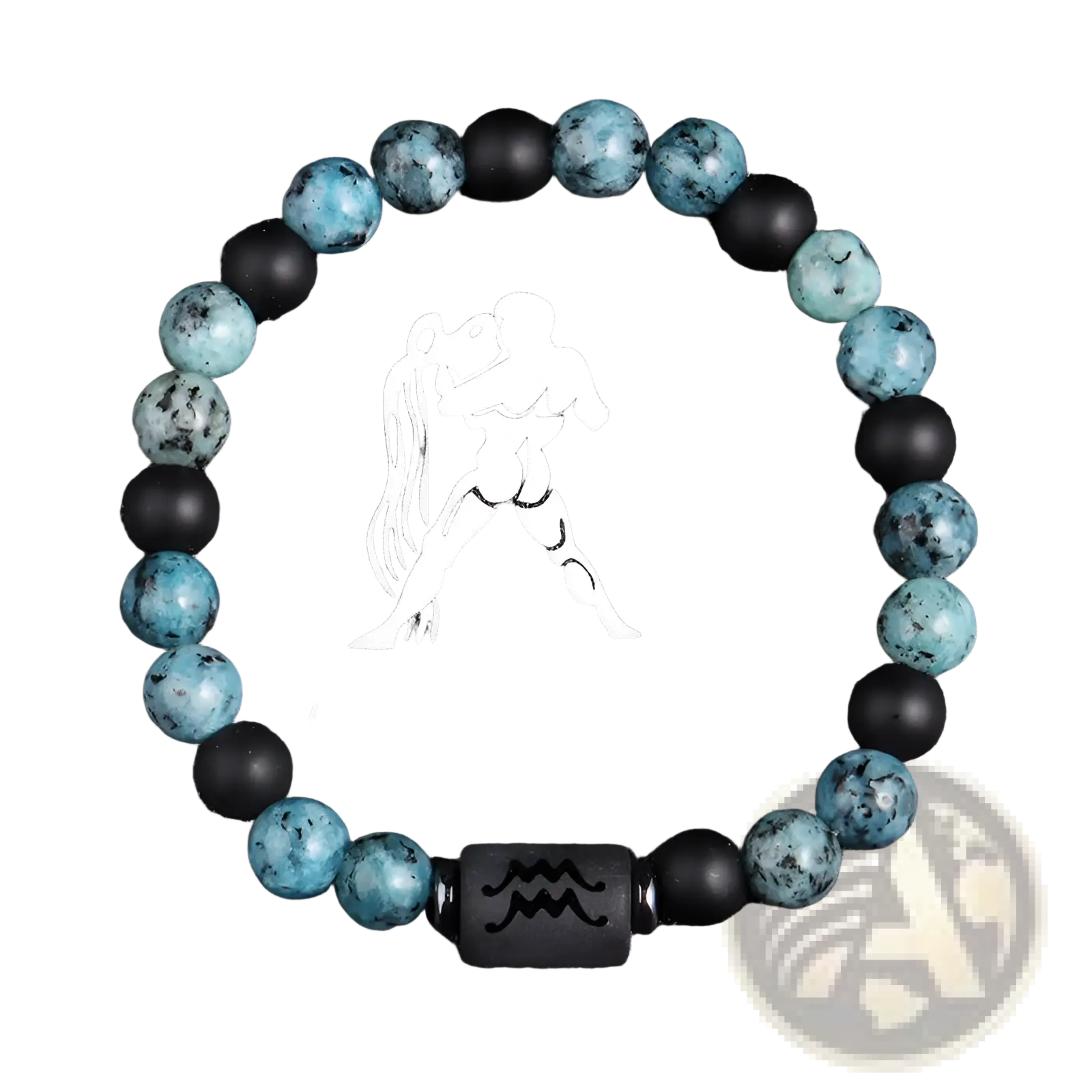 Natural stone 12 constellation zodiac obsidian bracelet with teal and black matte beads and central Aquarius symbol charm