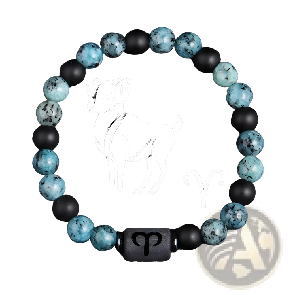 Natural stone zodiac obsidian bracelet with alternating turquoise and black matte beads and aries engraved charm