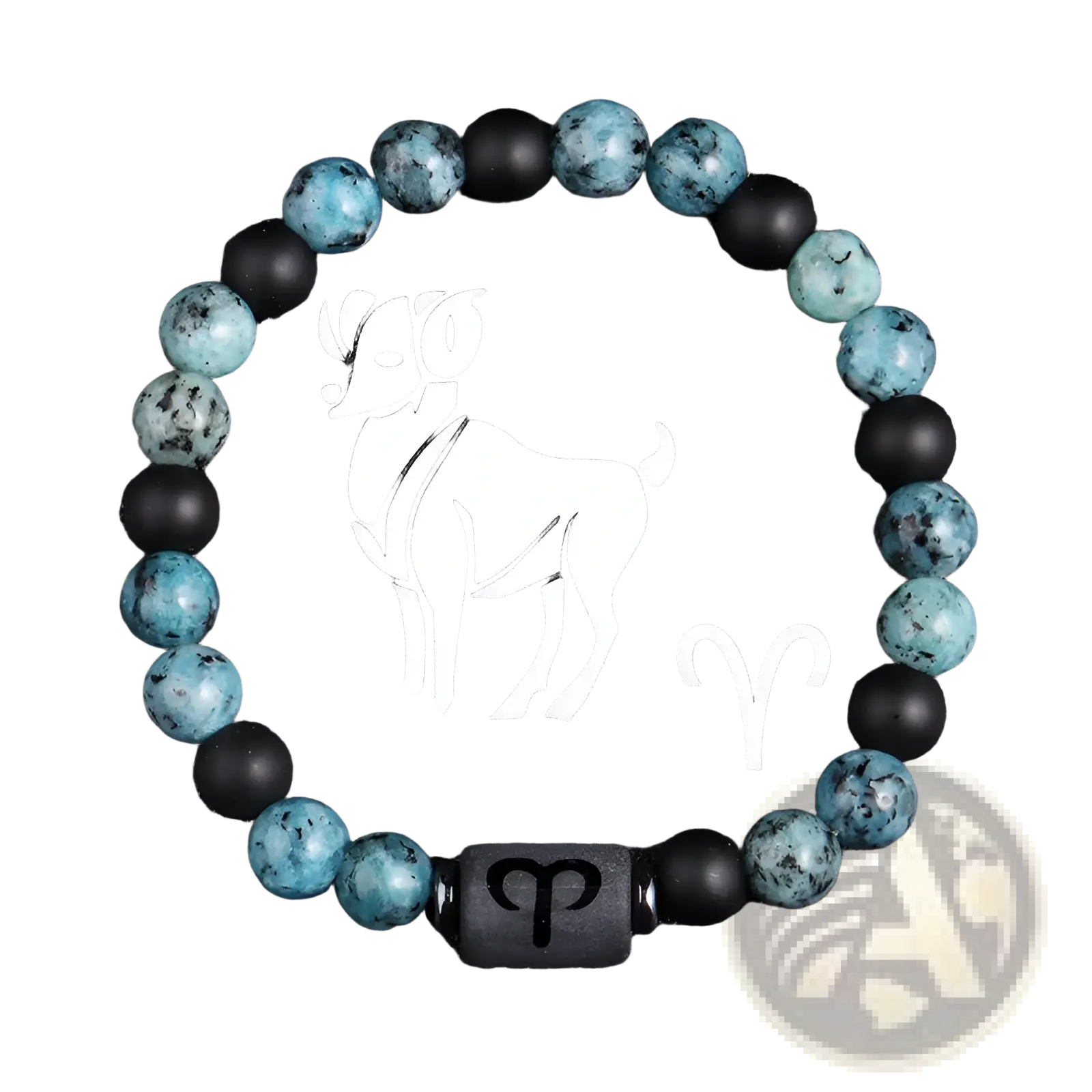 Natural stone zodiac obsidian bracelet with alternating turquoise and black matte beads and aries engraved charm