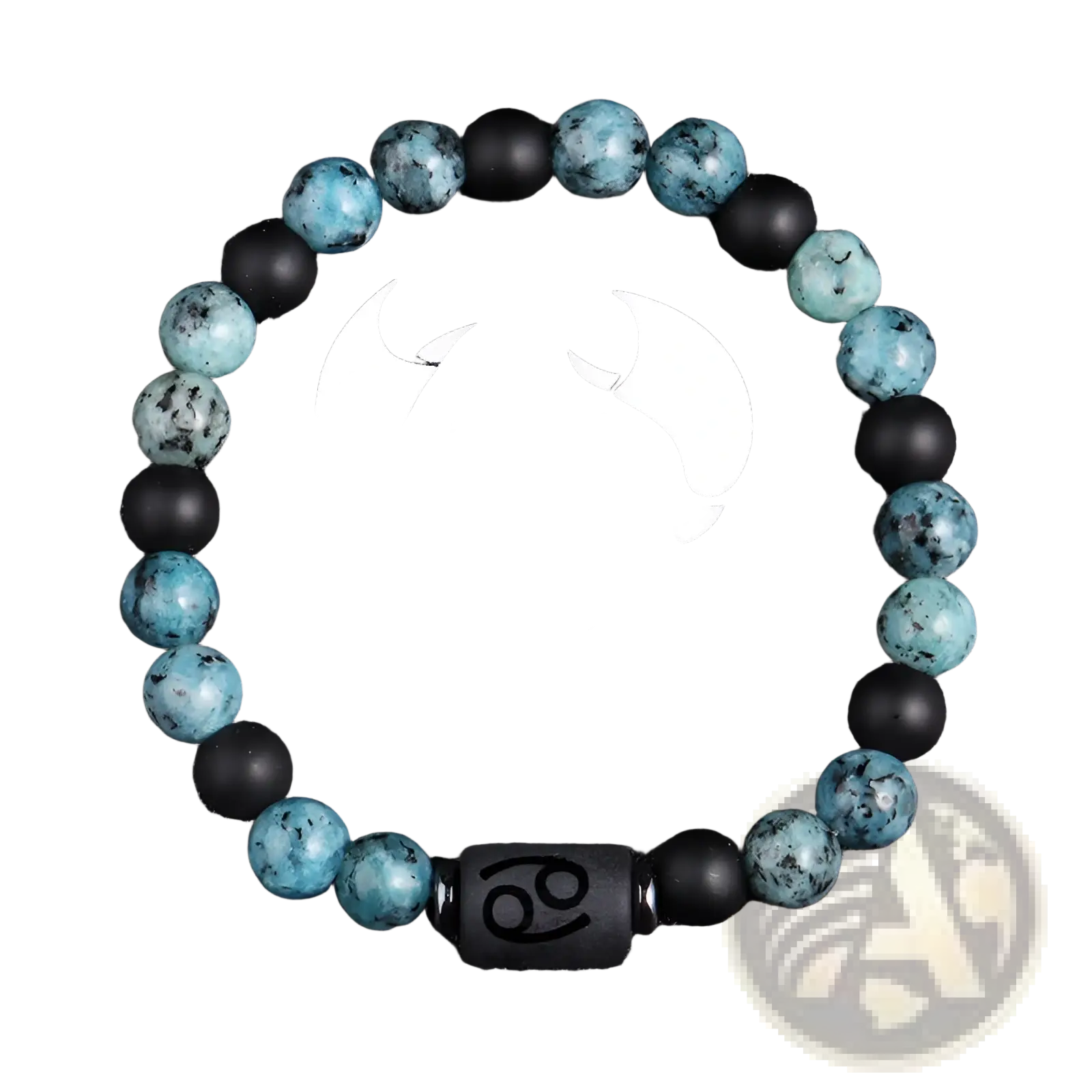 Natural stone 12 constellation zodiac obsidian bracelet with alternating teal and black beads and central cancer symbol bead