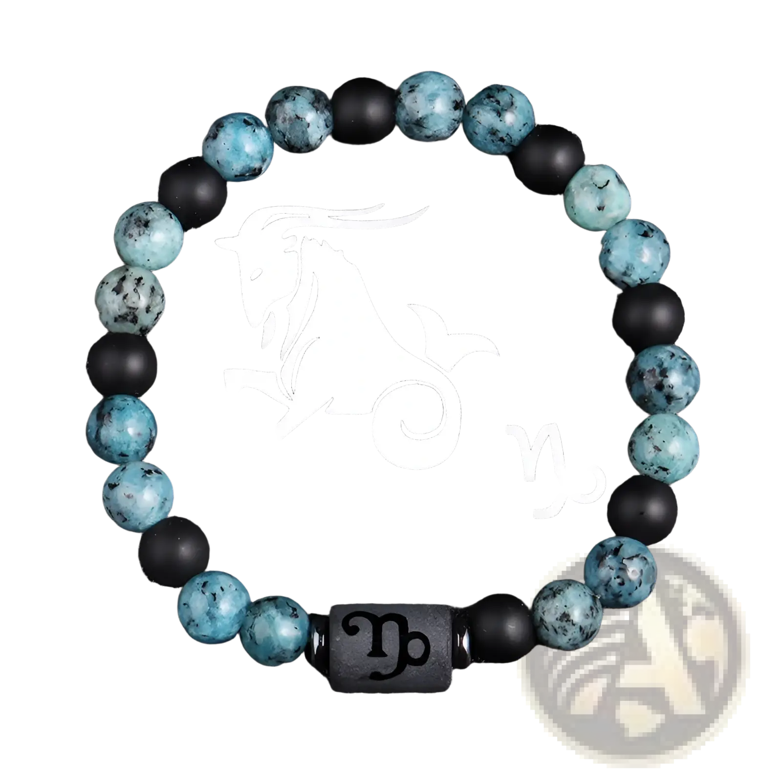 Natural stone 12 constellation zodiac obsidian bracelet with teal and black beads and capricorn engraved stone centerpiece