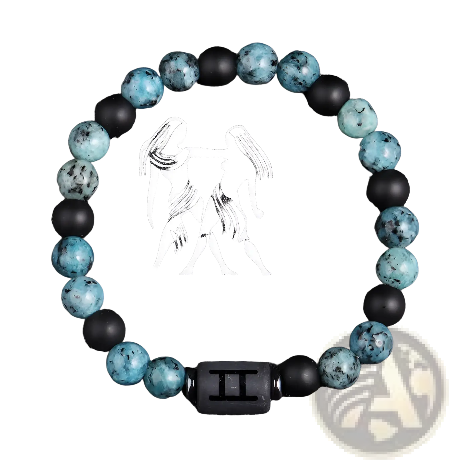 Natural stone 12 constellation zodiac obsidian bracelet with turquoise and black beads and central gemini charm