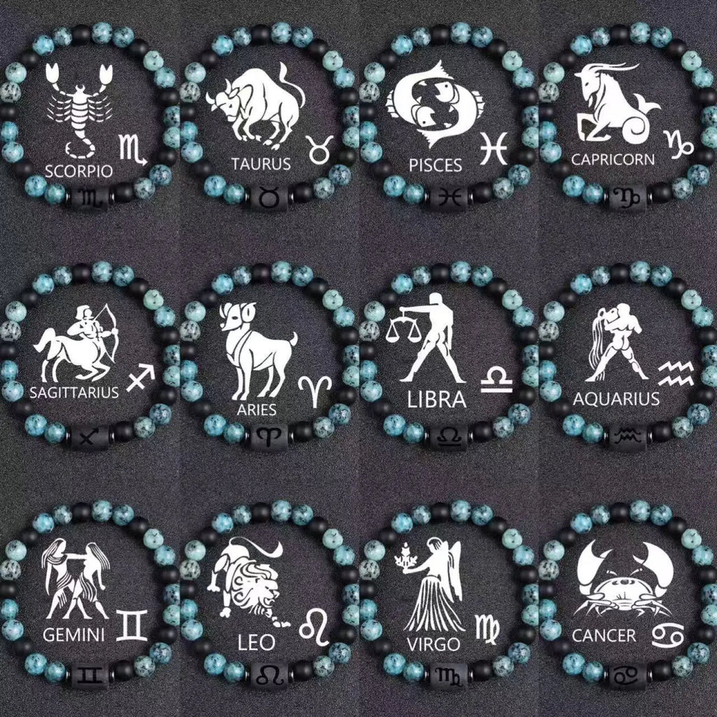 Natural stone 12 constellation zodiac obsidian bracelet set with white astrological sign silhouettes on turquoise and black beads