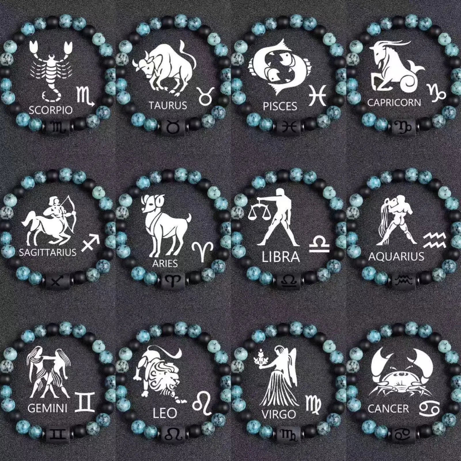 Natural stone 12 constellation zodiac obsidian bracelet set with white astrological sign silhouettes on turquoise and black beads