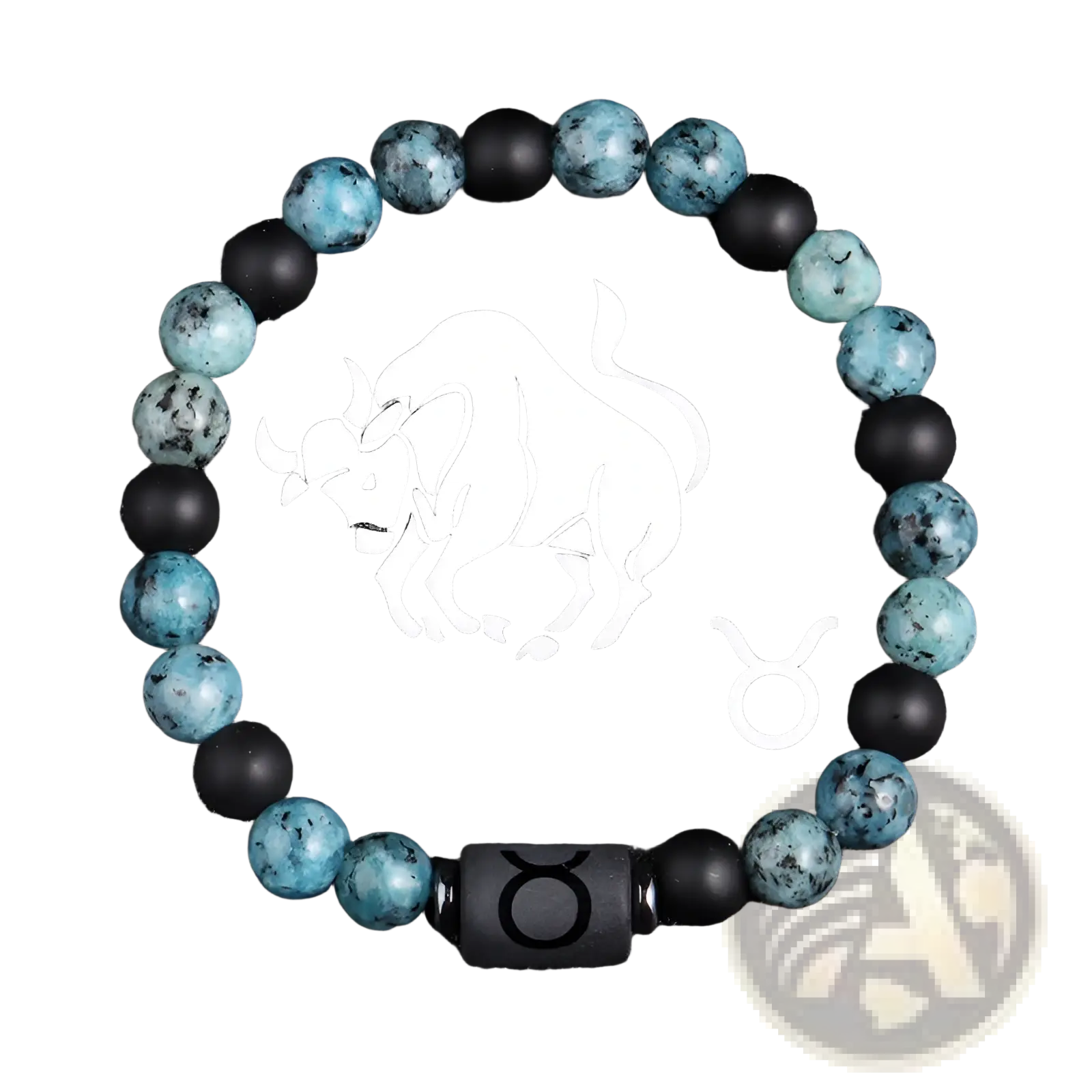 A Taurus zodiac-themed natural stone obsidian bracelet with alternating teal and black beads and engraved central bead