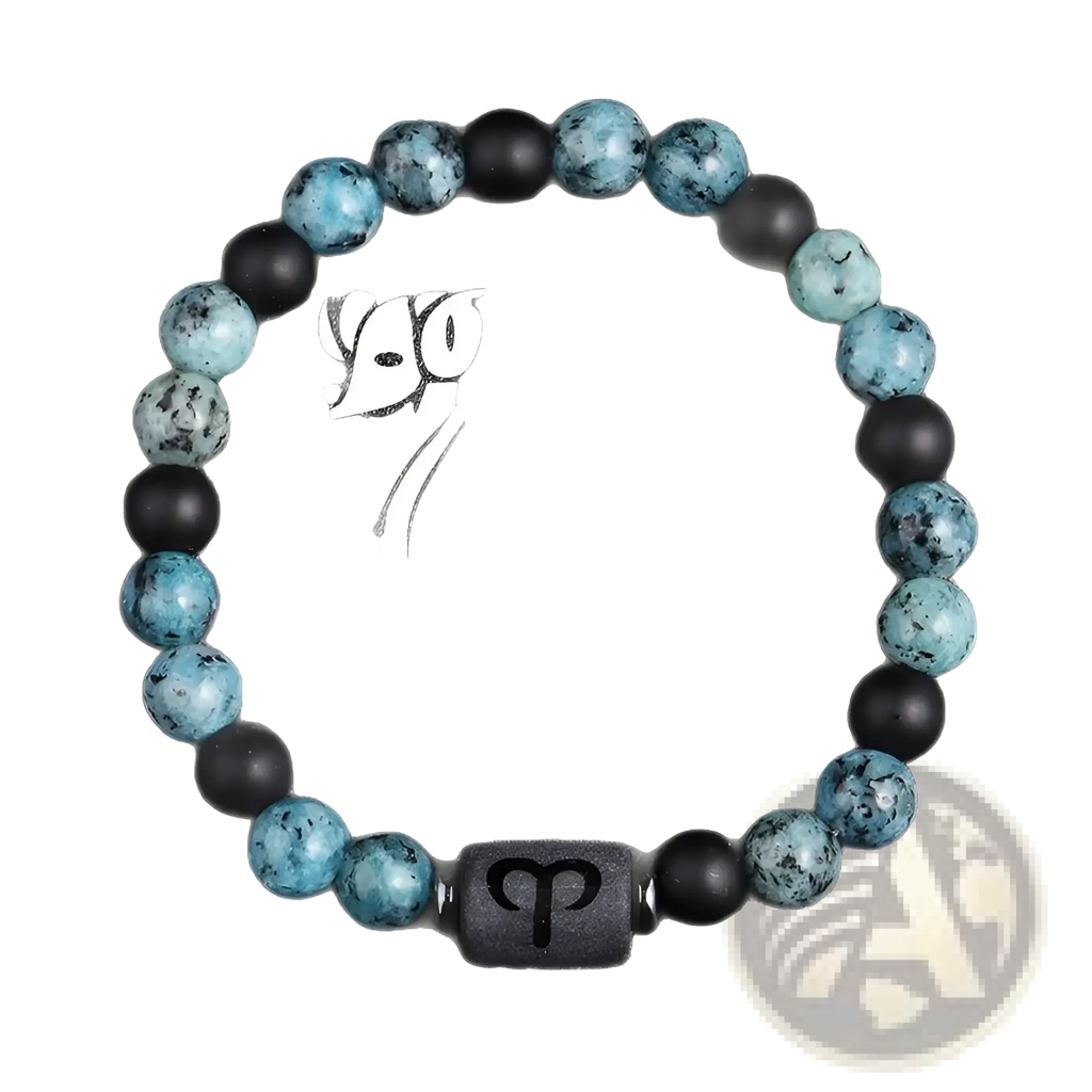 Natural stone obsidian bracelet with turquoise and black beads featuring a central Aries zodiac symbol charm
