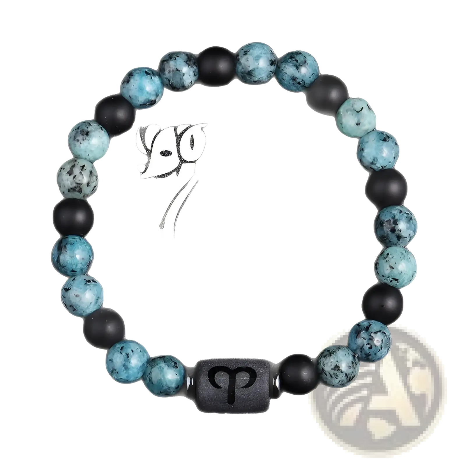 Natural stone obsidian bracelet with turquoise and black beads featuring a central Aries zodiac symbol charm