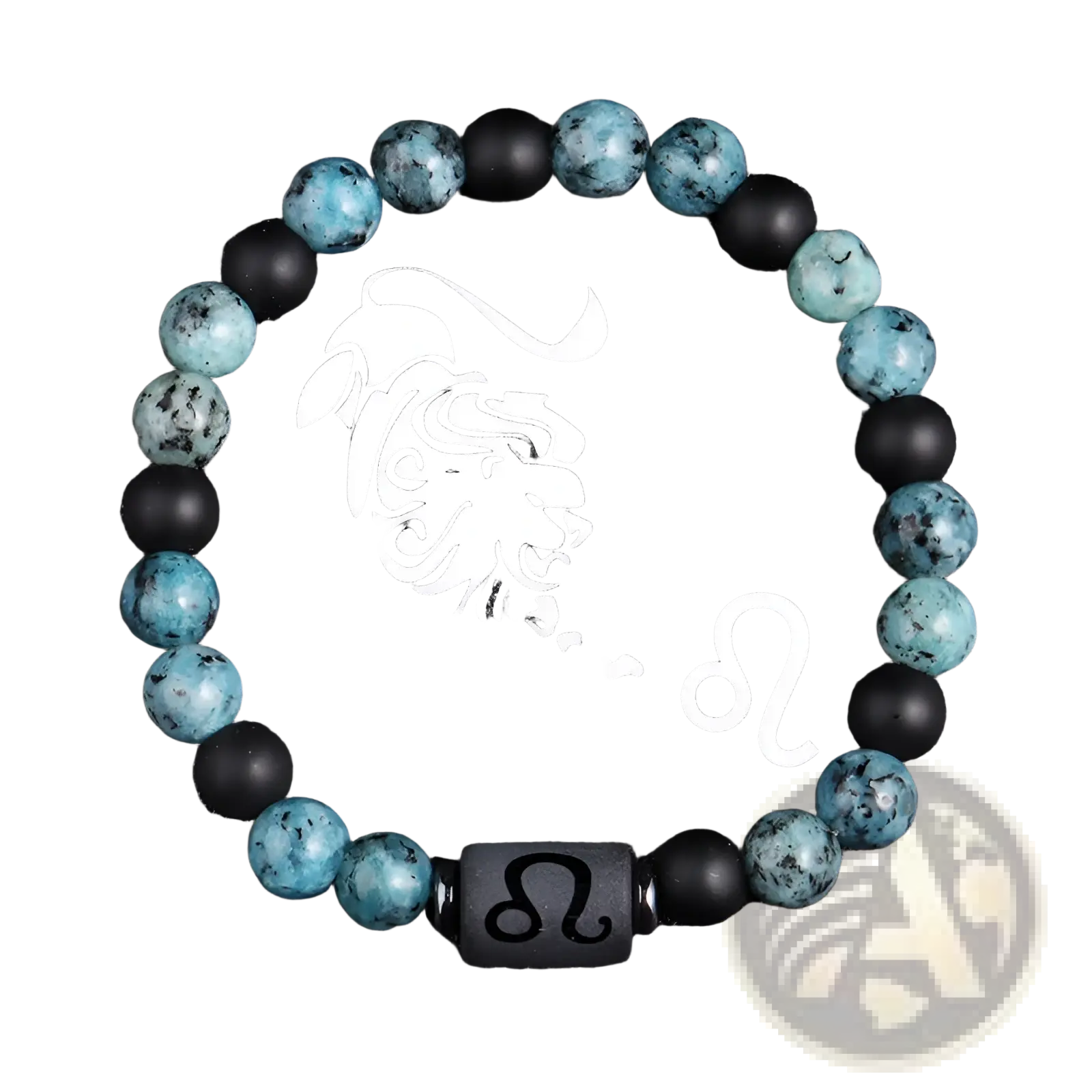 Natural stone 12 constellation zodiac obsidian bracelet with turquoise and black beads featuring leo lion symbol engraving