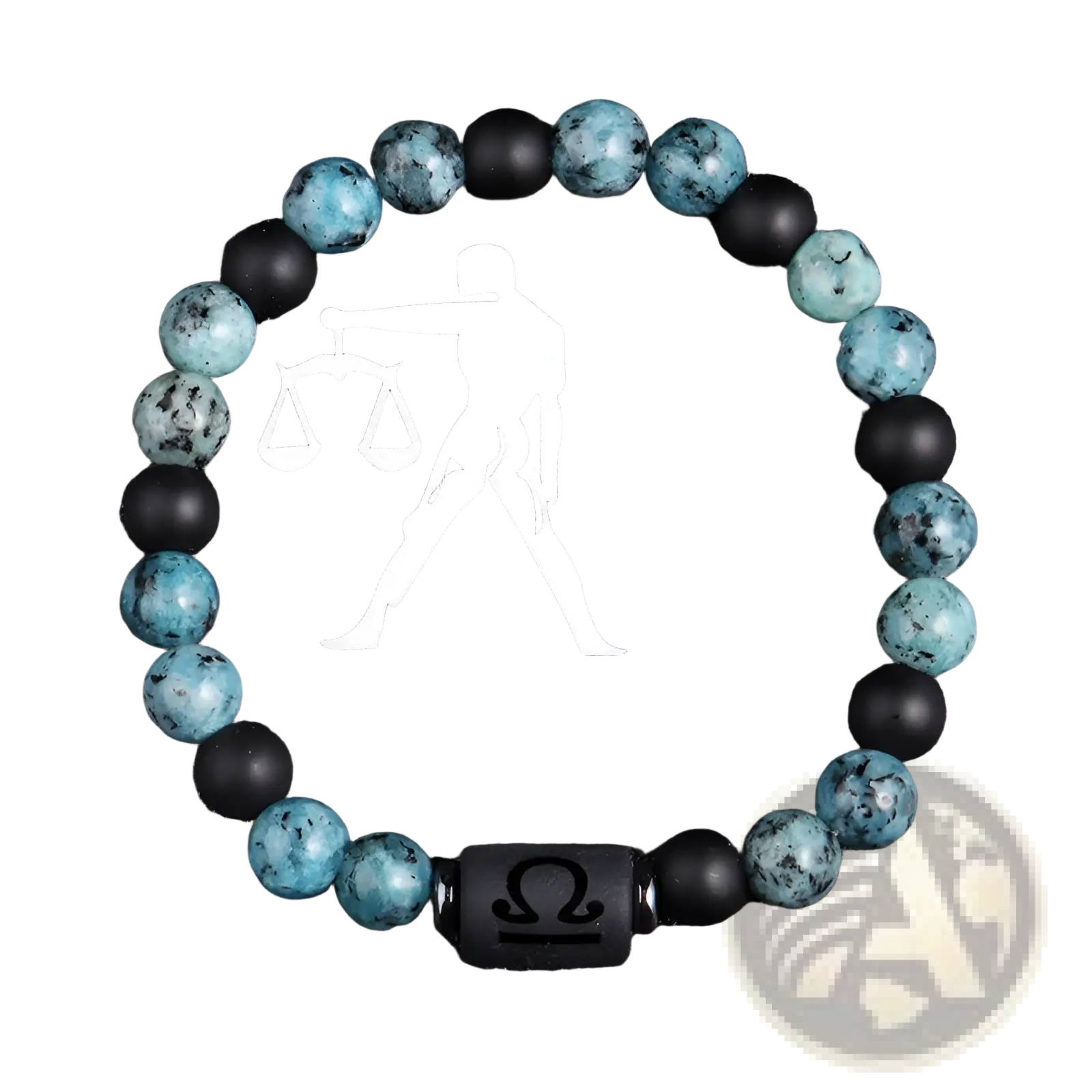 Natural stone 12 constellation zodiac obsidian bracelet with turquoise and black beads featuring a libra symbol
