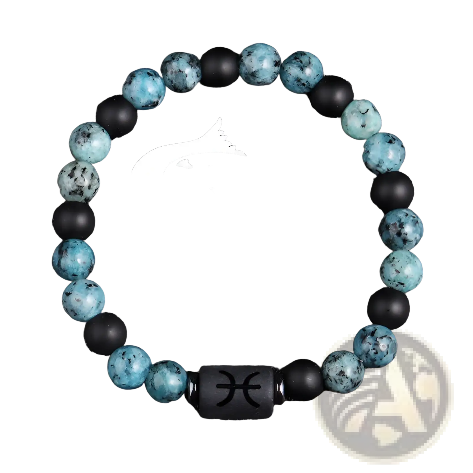 Natural stone zodiac obsidian bracelet with turquoise and black beads featuring a black pisces symbol spacer