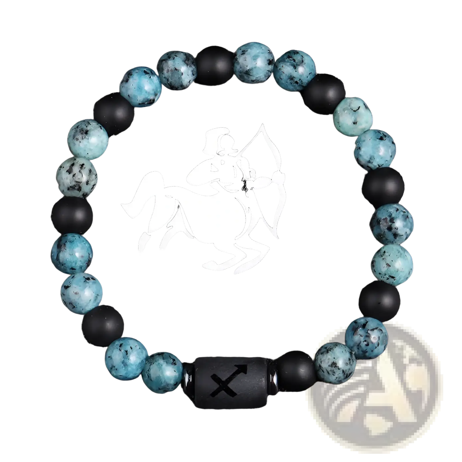 Natural stone obsidian bracelet with turquoise and black beads featuring sagittarius zodiac symbol and arrow design