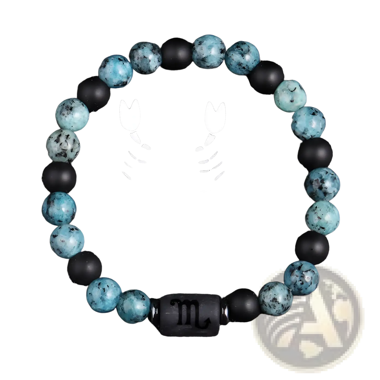 Natural stone obsidian bracelet with turquoise and black beads featuring a scorpio zodiac symbol centerpiece