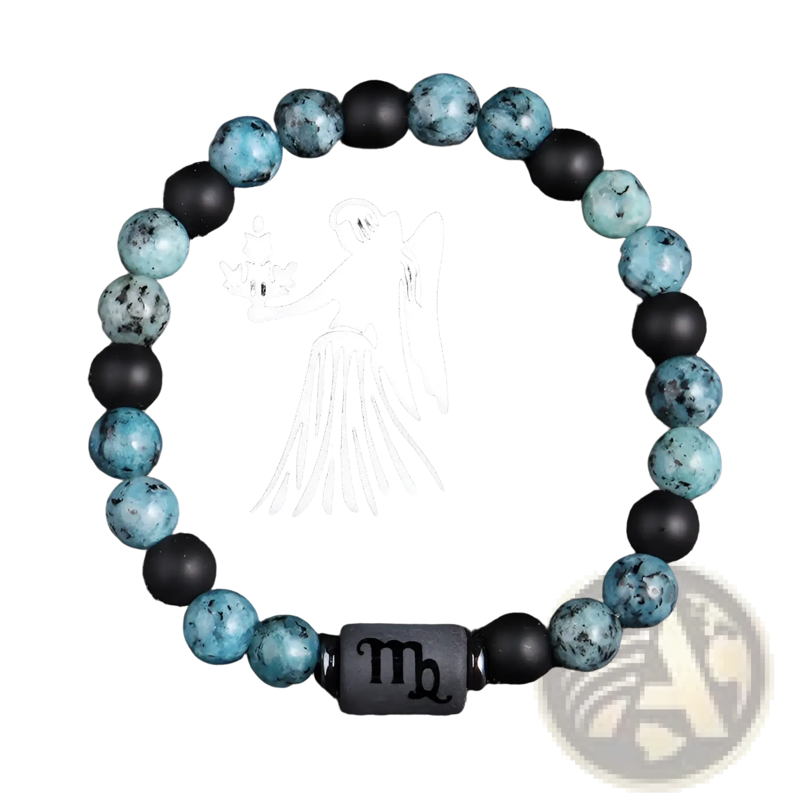 Natural stone 12 constellation zodiac obsidian bracelet with turquoise and black beads featuring virgo angelic design