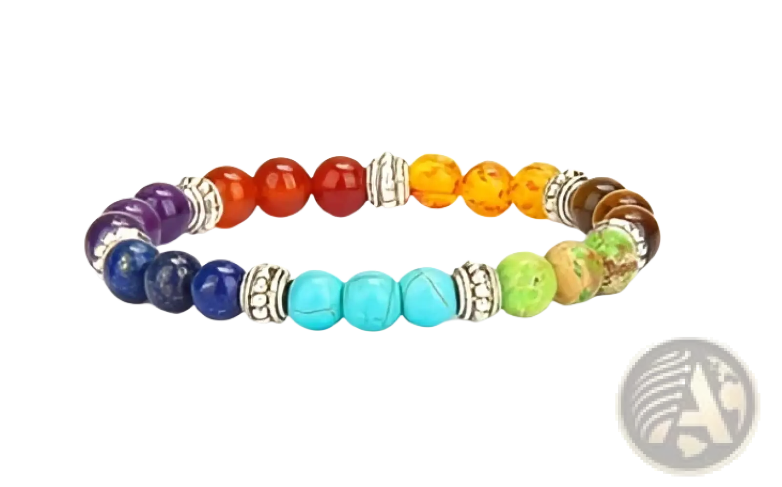 Natural stone chakra energy turquoise beaded bracelet with colorful rainbow polished gemstones and silver metal spacers